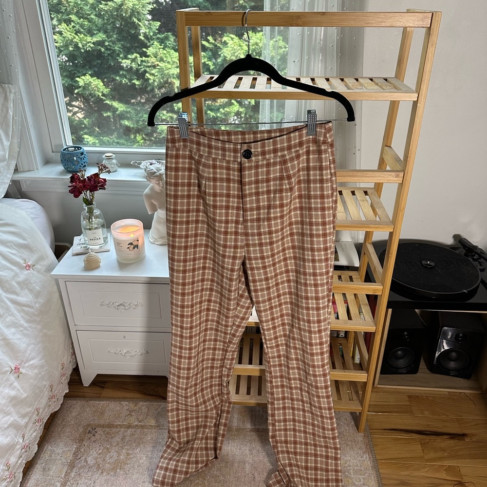 70s style plaid trousers with a relaxed fit, brown and tan, fits S to XS